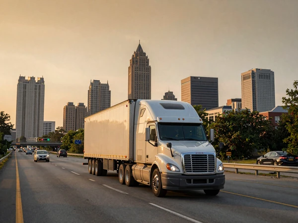 Semi truck driving on I-75 toward Atlanta skyline at golden hour - trucker dating Atlanta route