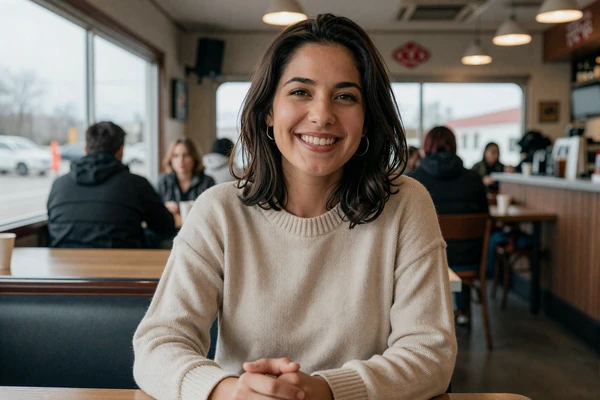 Woman smiling in an Illinois truck stop cafe - trucker dating Illinois lifestyle