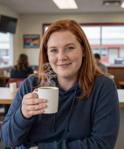 Rachel, 35, in a hoodie holding coffee at a Wyoming truck stop cafe - Wyoming trucker dating profile