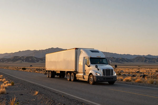 Semi truck on I-80 through Wyoming high desert at sunset - trucker dating Wyoming routes