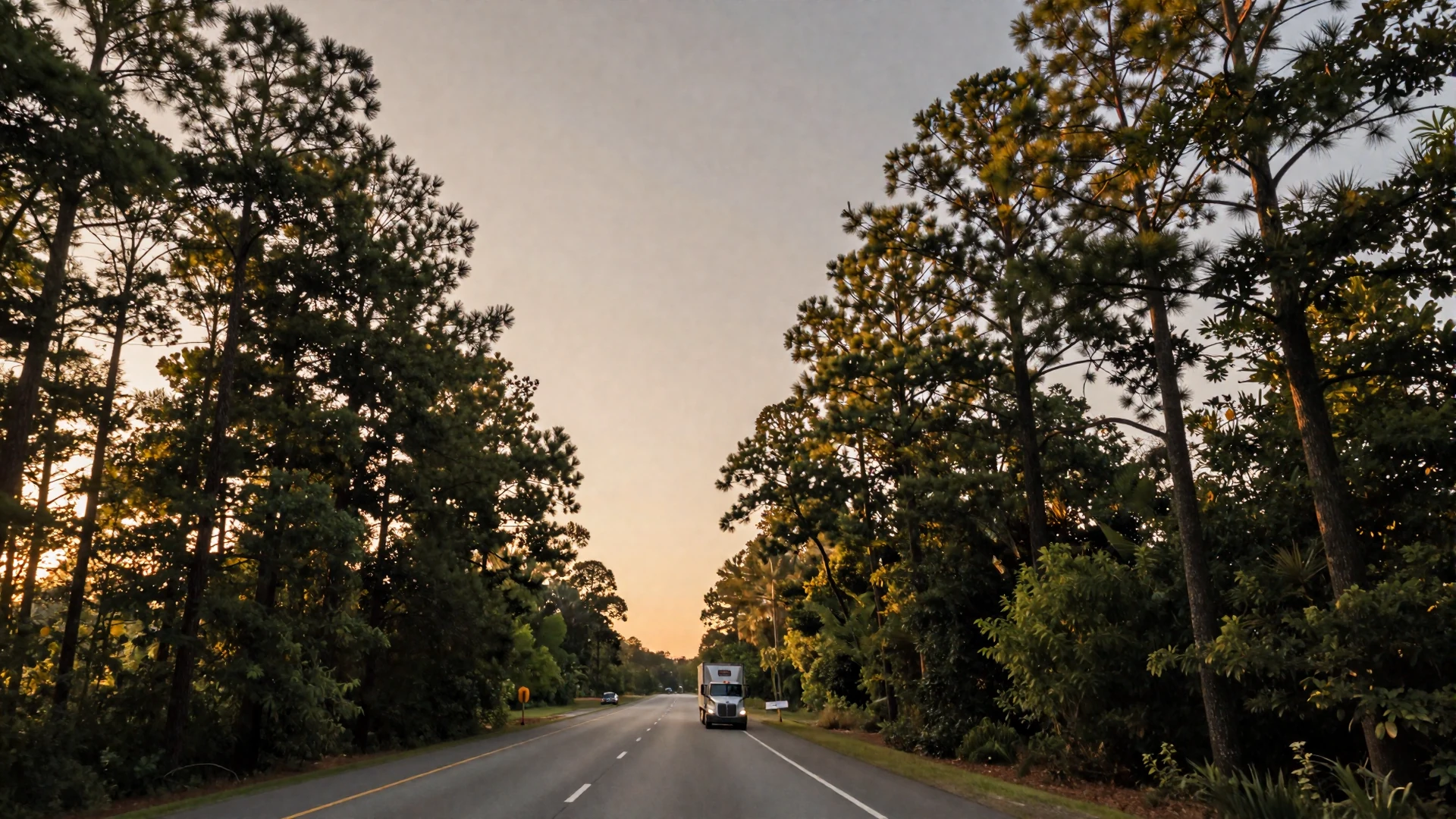 I-75 Georgia highway at sunset surrounded by pine trees - trucker dating Georgia hero background