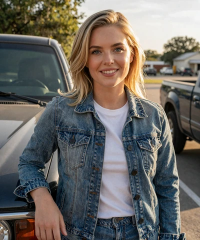 Kayla, 27, in a denim jacket near a pickup truck - trucker dating Houston profile
