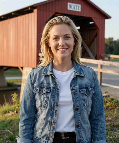 Brittany, 28, in a denim jacket near a covered bridge - trucker dating Pennsylvania profile