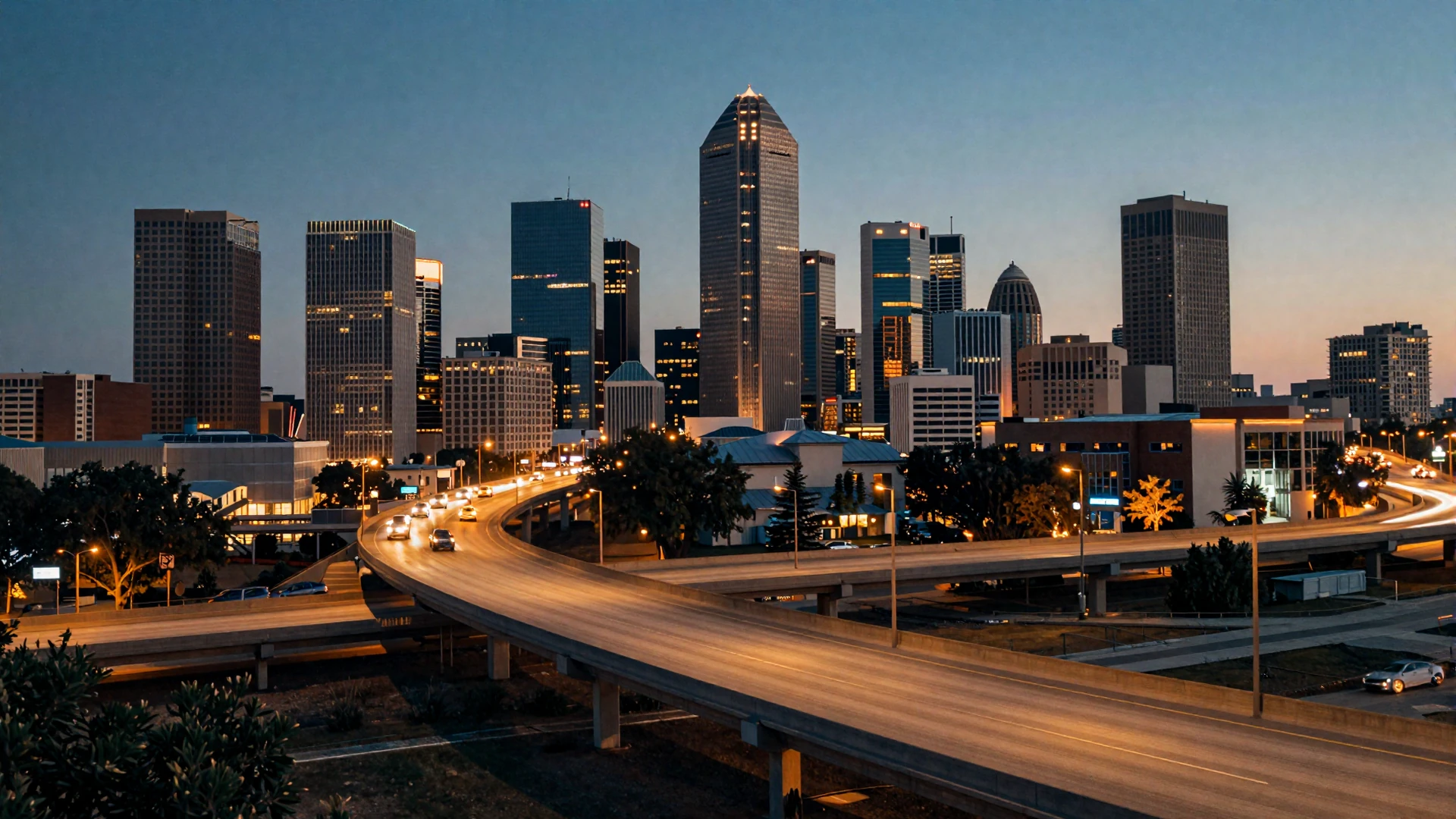 Dallas skyline at twilight with highway interchange - trucker dating Dallas hero background