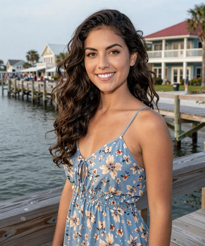 Gabriela, 32, in a sundress near a Tampa pier - Florida trucker dating profile