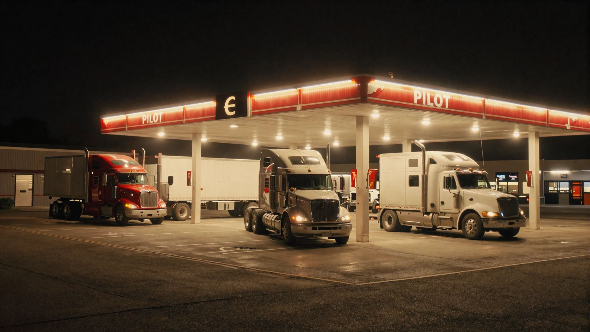 Glowing truck stop parking lot at night on an American highway for truck stop loneliness and modern dating
