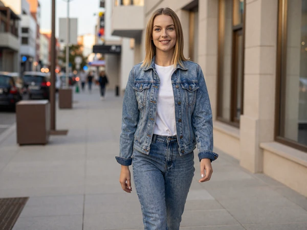 Woman in a denim jacket walking down a city street - trucker dating by city lifestyle photo
