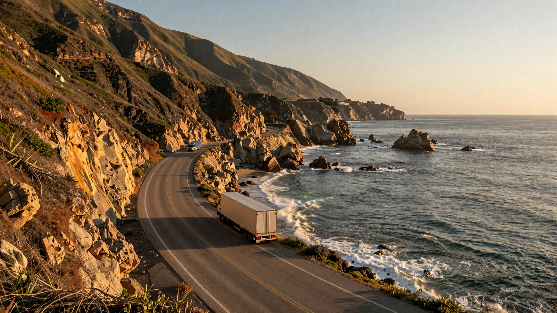 Pacific Coast Highway at golden hour - trucker dating California hero background