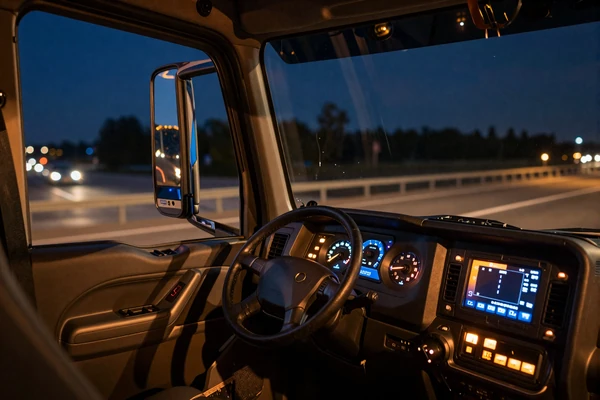 Modern truck cab interior at night with glowing dashboard lights - trucker dating Pennsylvania routes