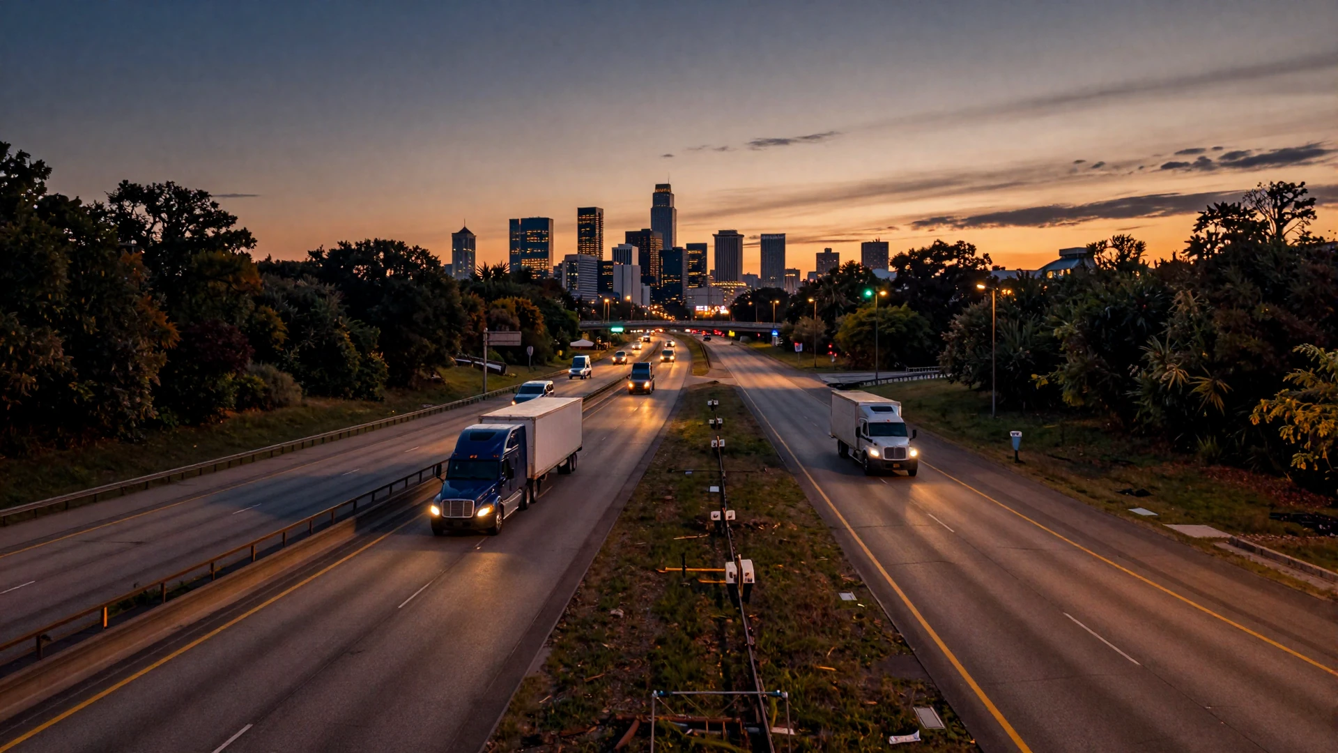 I-285 Atlanta perimeter highway at sunset with glowing city lights - trucker dating Atlanta hero background