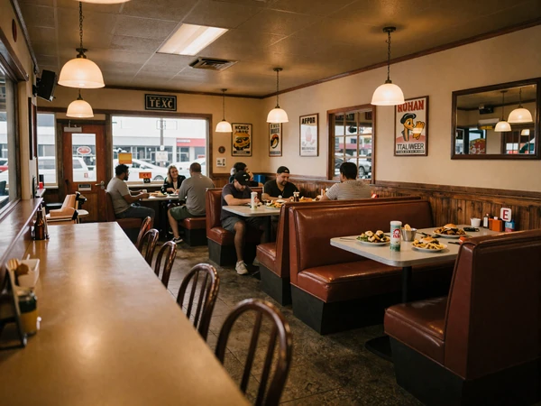 Cozy Houston roadside diner interior with warm amber lighting - trucker dating Houston local spot