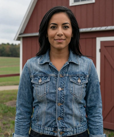 Samantha, 34, in a denim jacket near an Ohio barn - Ohio trucker dating profile