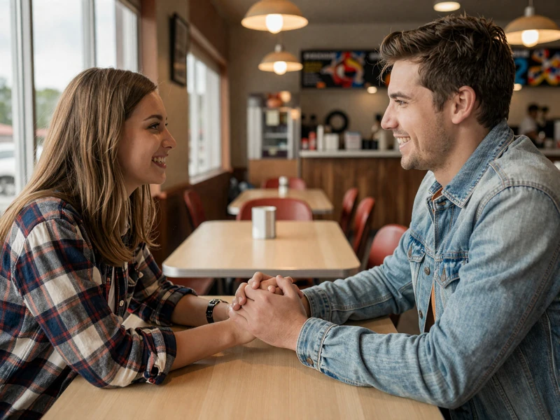Happy couple holding hands across a diner table, representing quality time during a truck driver's home days