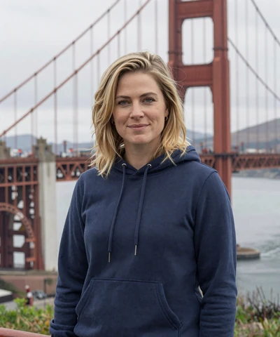 Ashley, 33, wearing a hoodie near the Golden Gate Bridge - California trucker dating profile