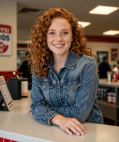 Samantha, 26, in a denim jacket at a Wyoming truck stop cafe - trucker singles profile