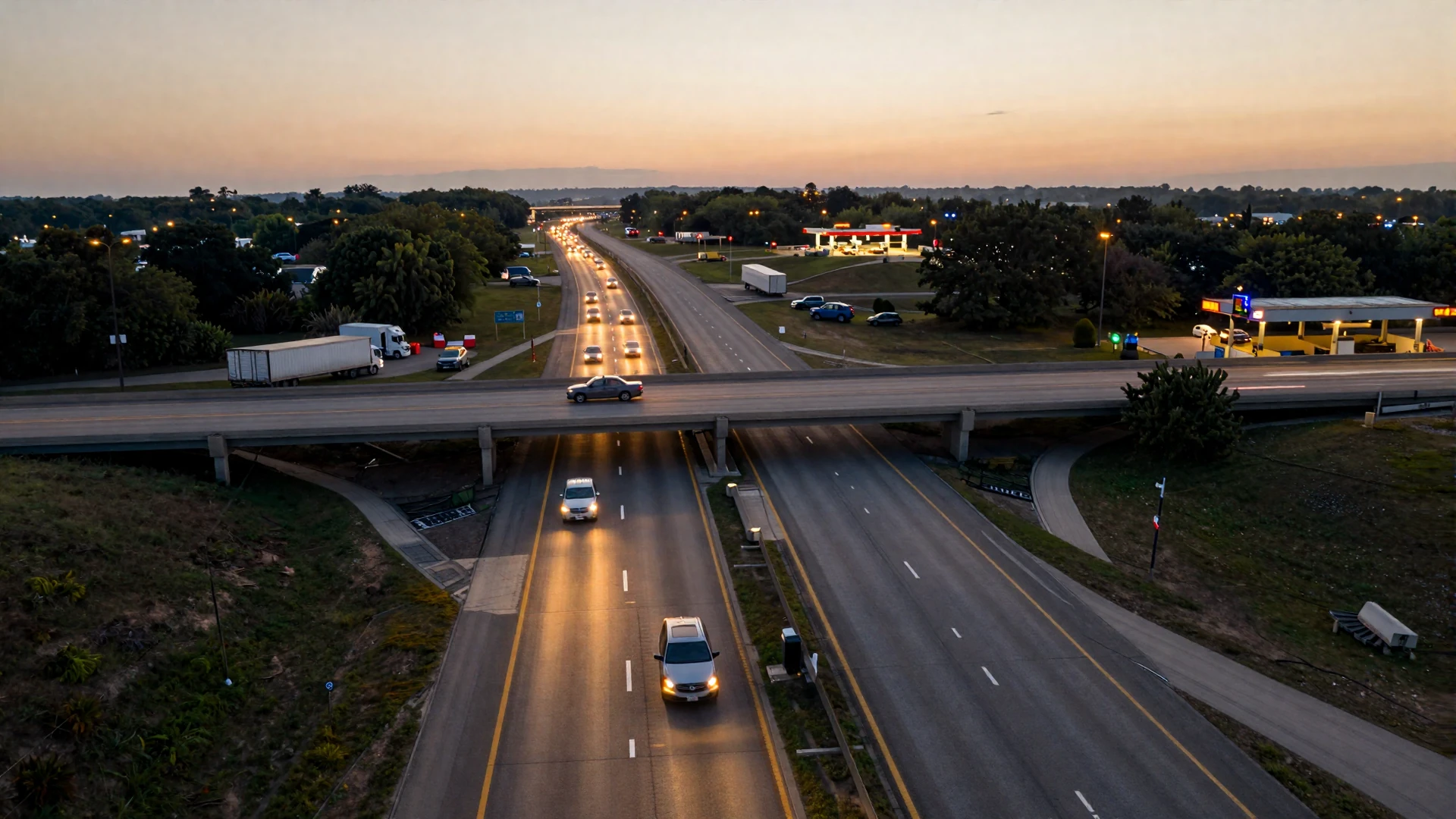 Aerial view of a multi-lane interstate interchange at dusk for trucker dating by state