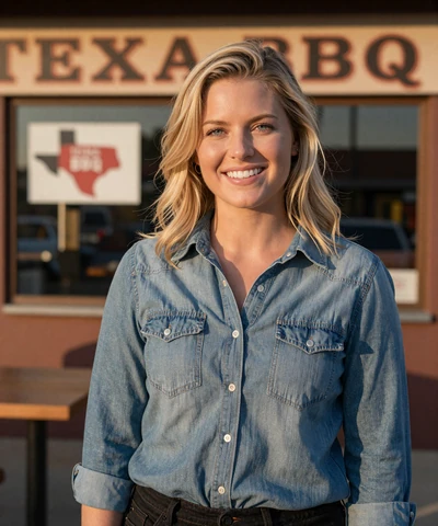 Jessica, 27, in a denim shirt outside a Texas BBQ restaurant - trucker dating Texas profile
