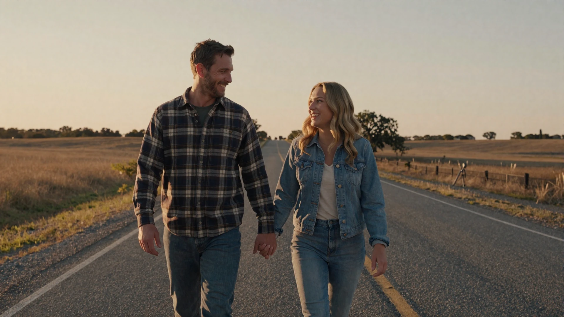 Happy couple walking hand in hand down a country road at sunset - trucker dating success story