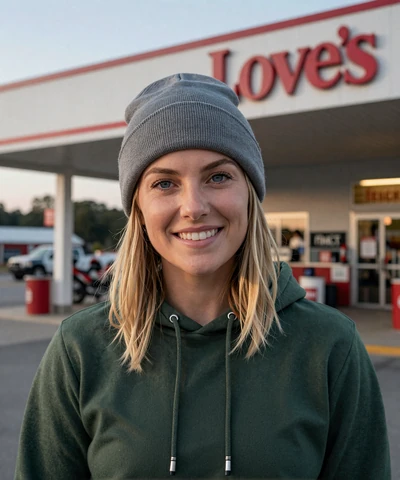 Savannah, 31, in a beanie and hoodie at a Love's truck stop - Arkansas trucker dating profile