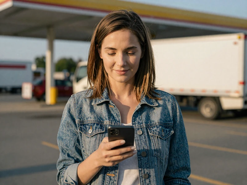 Woman holding a smartphone at a truck stop while reviewing dating apps for truck drivers