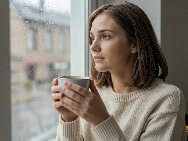 Woman looking thoughtfully out a window with a coffee cup, representing the challenges of dating a truck driver