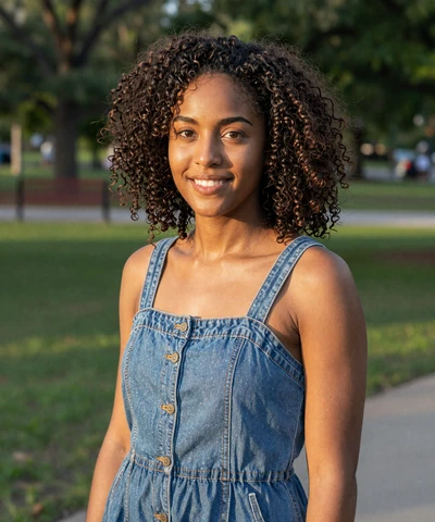 Shanice, 27, in a denim sundress at an Atlanta park - trucker dating Atlanta profile