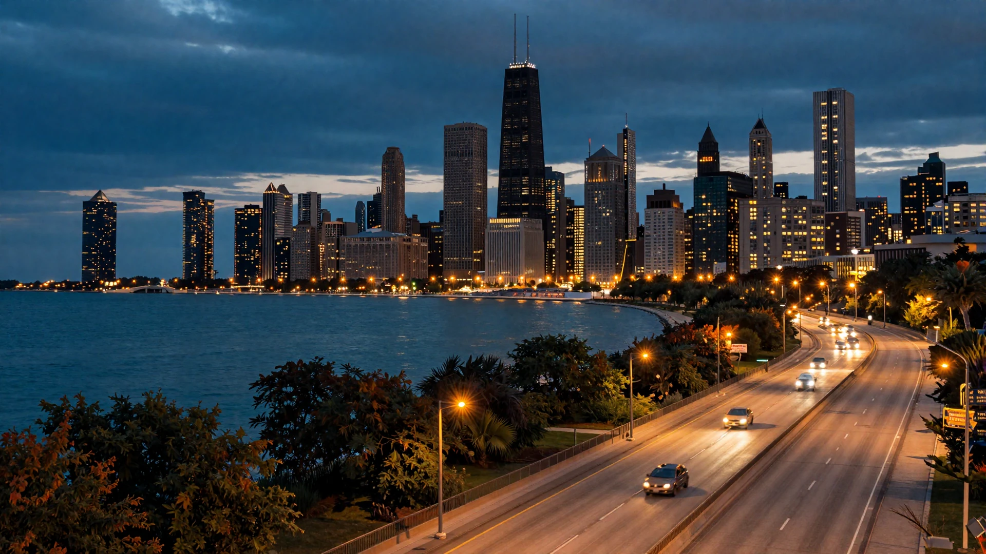 Chicago skyline at dusk with Lake Michigan and interstate highway - trucker dating Chicago hero background