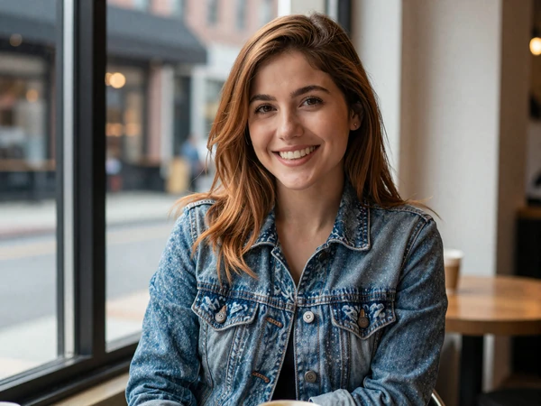 Woman with auburn hair smiling in a Brooklyn coffee shop - trucker dating New York local lifestyle