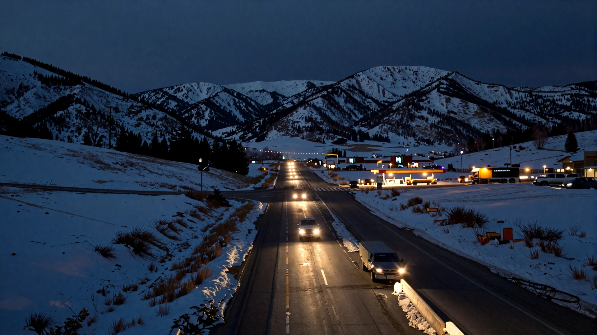 I-80 Wyoming highway through snowy mountains at night - trucker dating Wyoming hero background