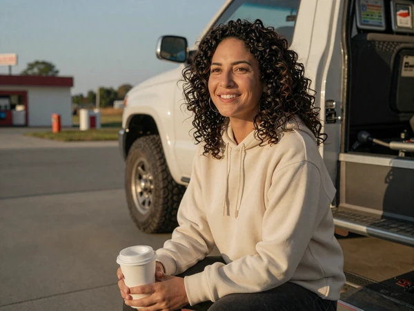 Woman in a hoodie with coffee at a gas station - trucker dating community lifestyle photo