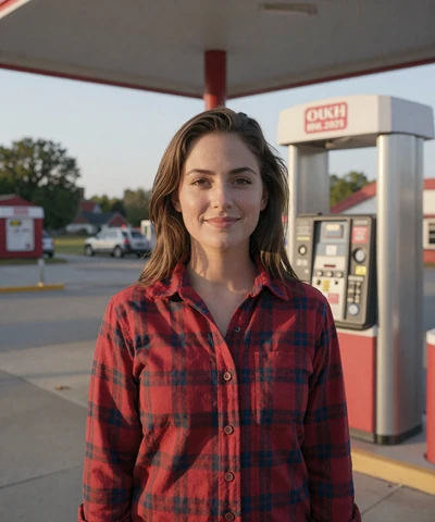Brittany, 31, in a flannel shirt at a rural Ohio gas station - Ohio trucker dating profile