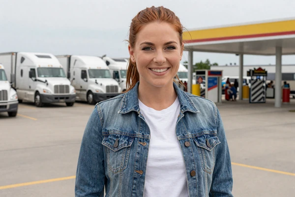 Woman smiling in a truck stop parking lot in Iowa - Iowa trucker dating lifestyle