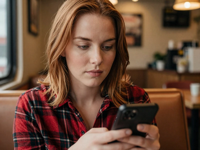 Woman in a flannel shirt looking at her phone in a truck stop cafe, representing online safety for trucker dating