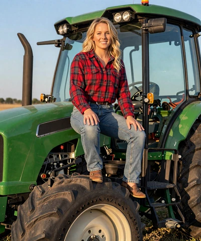 Ashley, 32, in a red flannel shirt sitting on a tractor - Iowa trucker dating profile