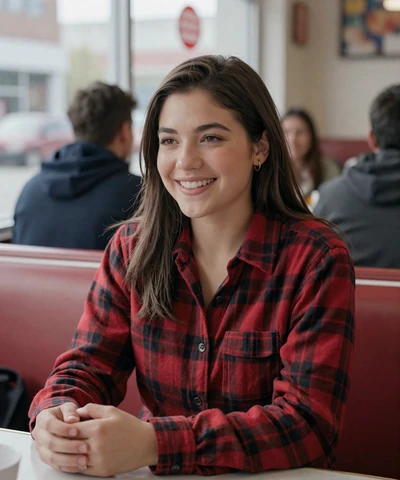 Brittany, 28, in a flannel shirt at a Chicago diner - Illinois trucker dating profile