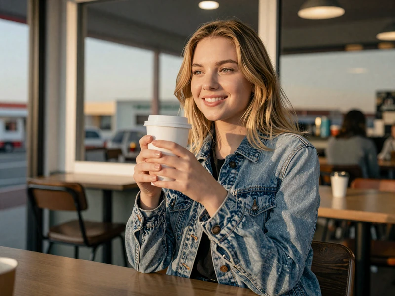 Young woman with blonde hair smiling in a truck stop cafe, representing truck stop romance and modern dating for truckers