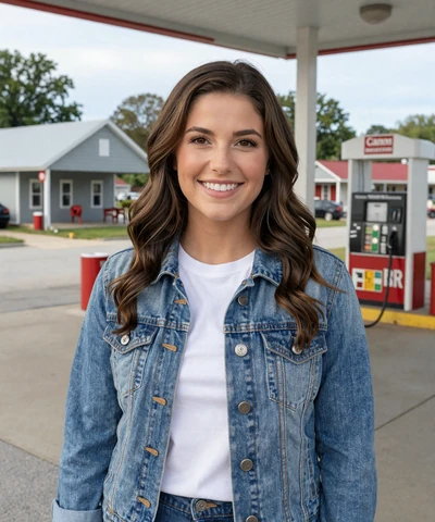 Brittany, 27, in a denim jacket at a rural Arkansas gas station - Arkansas trucker dating profile