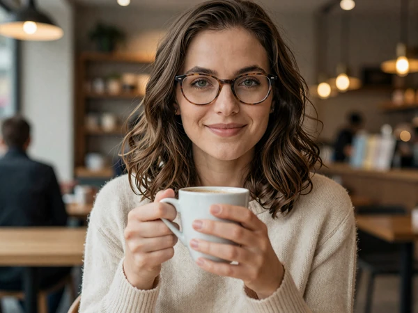 Woman with glasses drinking coffee in an urban cafe - trucker dating city lifestyle photo