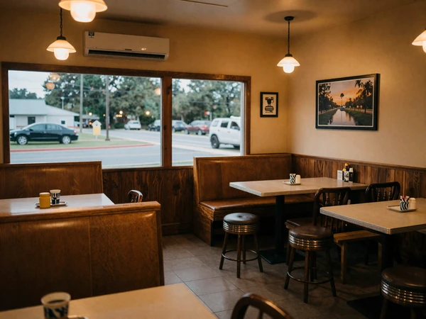 Cozy southern roadside diner interior with warm amber lighting - trucker dating Atlanta local spot