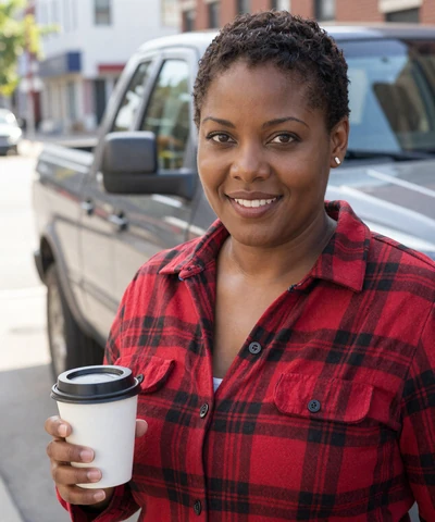 Renee, 35, in a flannel shirt holding coffee near a pickup truck - trucker dating New York profile