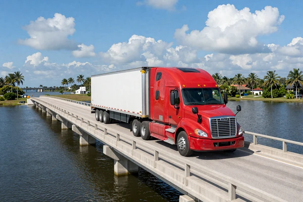 Semi truck driving over a Florida causeway with water on both sides - trucker dating Florida routes