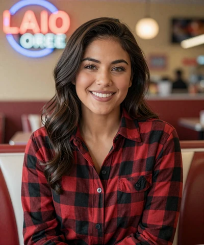 Jessica, 29, in a flannel shirt at a LA diner - California trucker dating profile