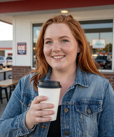 Rachel, 34, in a denim jacket holding a travel mug at a Nebraska truck stop - Nebraska trucker dating profile
