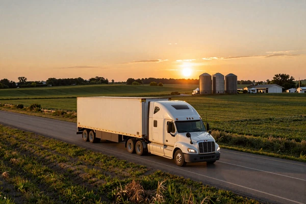 Semi truck on I-80 through Iowa farmland at sunset - trucker dating Iowa routes
