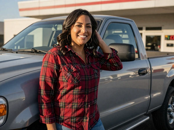 A 35-year-old woman smiling at a truck stop - featured trucker dating success story