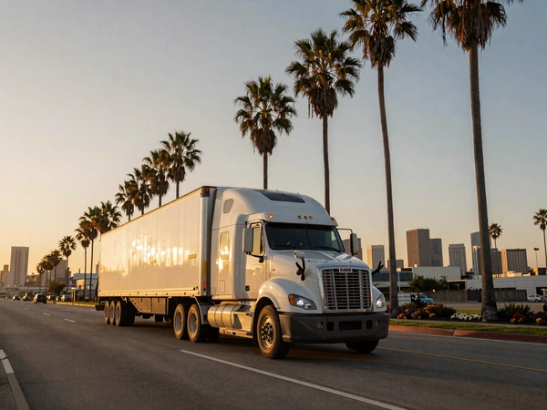 Semi truck driving on I-10 toward Los Angeles skyline at sunset - trucker dating Los Angeles route
