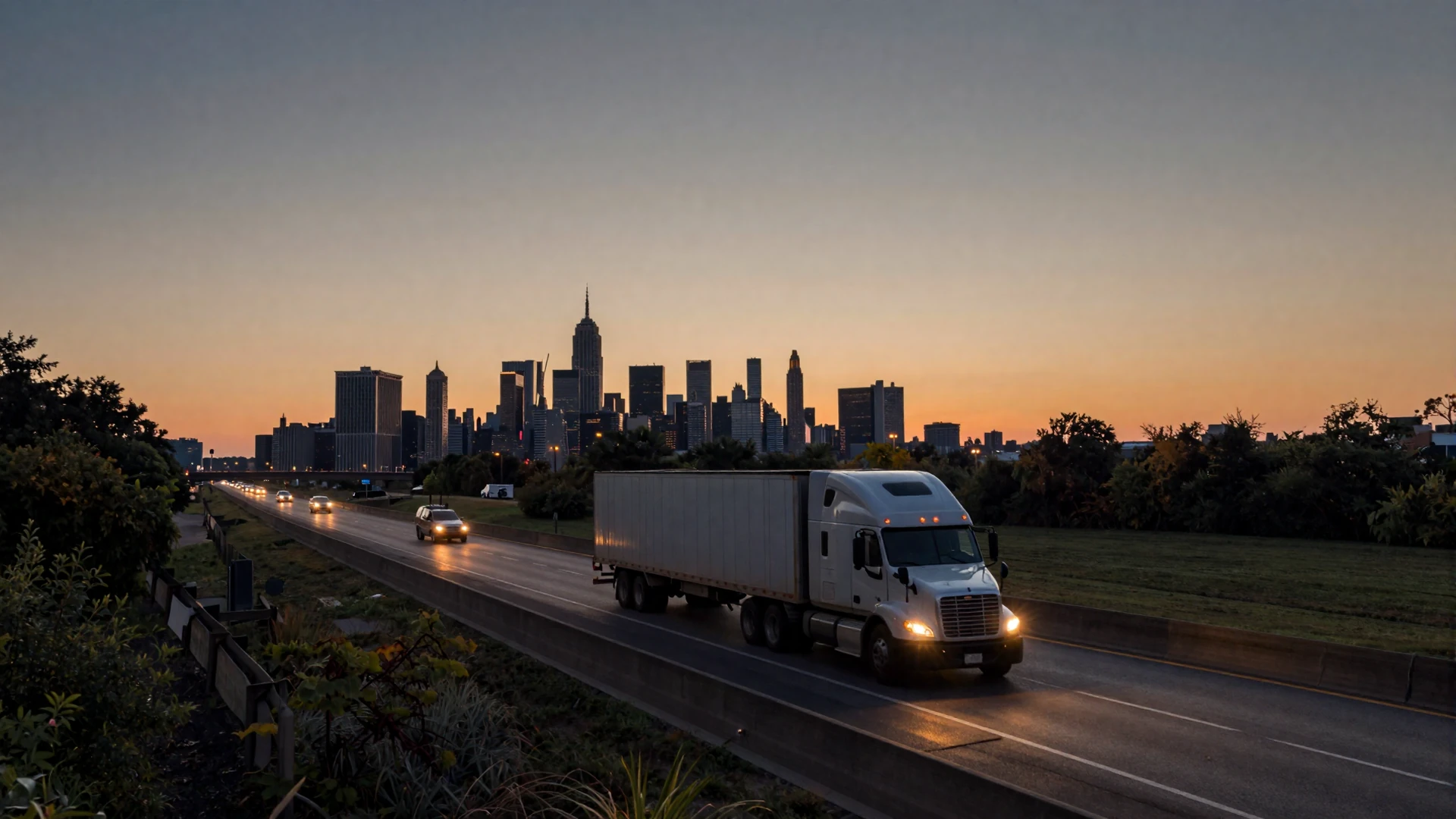 I-87 New York State Thruway at dusk with Manhattan skyline in the distance - trucker dating New York hero background