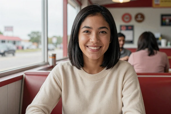 Woman smiling at a Nebraska roadside diner - Nebraska trucker dating lifestyle