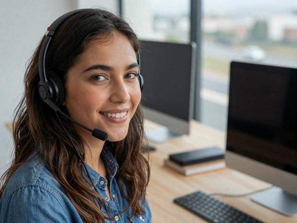 Trucker Dating support team member wearing a headset and smiling at her desk - contact support photo